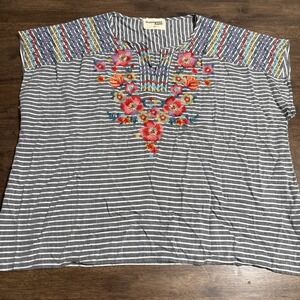Savanna Jane Top 2X Floral Embroidered Striped Festival Boho Shirt Blouse